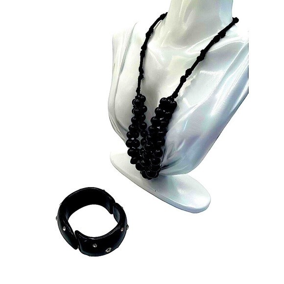 Vintage Elegant Black Beaded Necklace & Bracelet Set With Rhinestone N63 - Picture 2 of 7